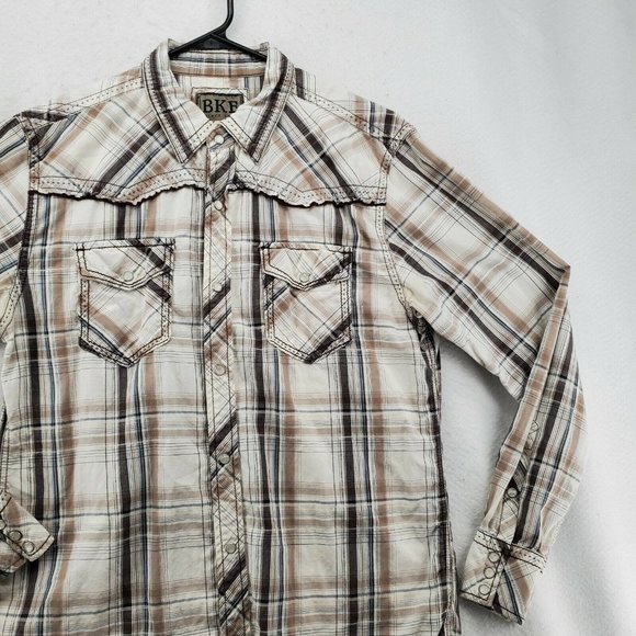 BKE Shirt Men's Long Sleeve Pearl Snap Up Striped Tan White Large*Western - Picture 5 of 12